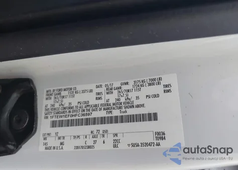 2017 Ford F-150 Xlt из США, поврежденный, VIN 1FTEW1EF0HFC36597